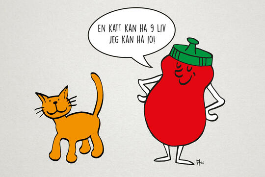 Tegning av ketchupflaske og katt