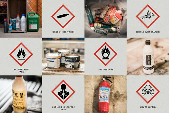 Ikoner og bilder av flere typer farlig avfall